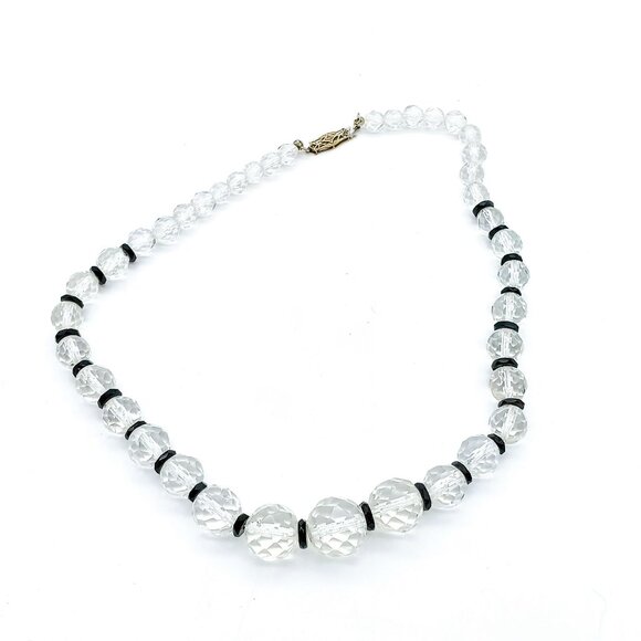 Vintage Faceted Crystal Graduated Necklace, Art Deco High End Clear Glass Beads - Picture 2 of 6